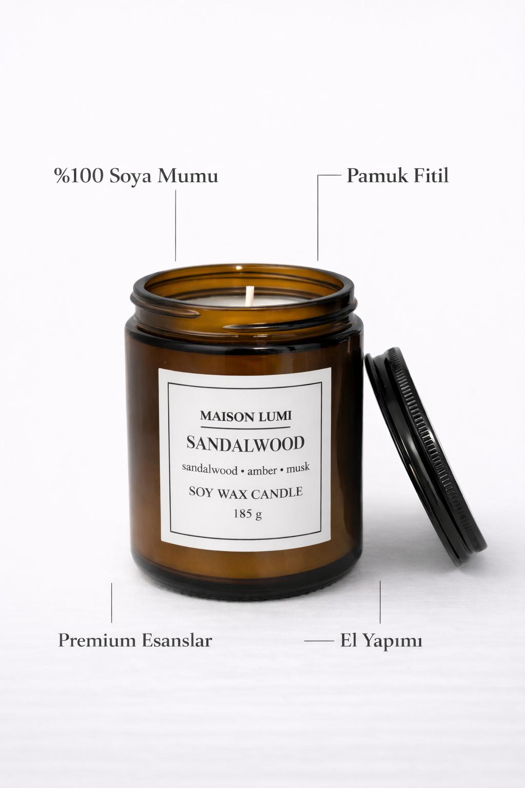 Sandalwood Kokulu Soya Mum – Odunsu, Amber & Misk Notalı