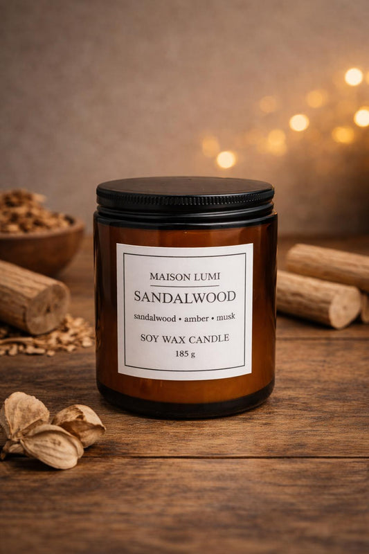 Sandalwood Kokulu Soya Mum – Odunsu, Amber & Misk Notalı